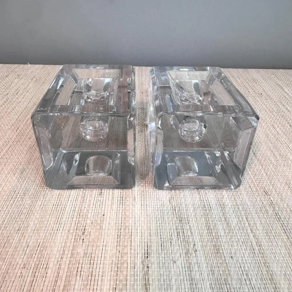 Vintage Pair MCM Art Deco Heavy Cut Crystal Block Candle Holders